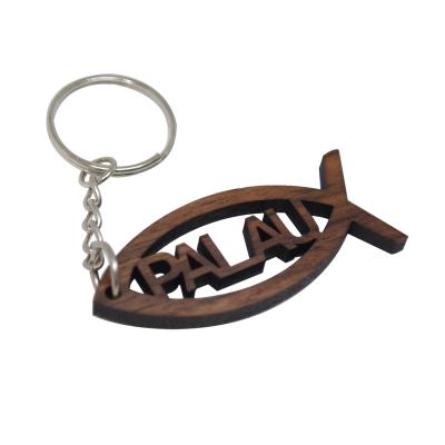 China Promotion Gift 2022 New Black Walnut Wooden Fish Shape Key Chain With Laser Logo for sale