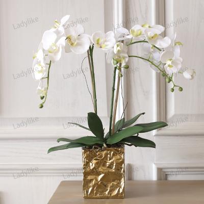 China Real silk fabric+Latex Touch Phalaenopsi in Thailand Latex Artificial Cymbidium Butterfly Orchid Silk Flower Arrangement Vase with Pot for sale