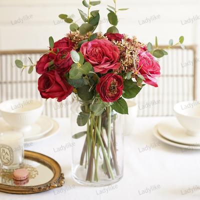 China White Silk Fabric Rose With Long Stem Artificial Floral Juliet Roses For Wedding Arch Single Plastic Flower Stem Fake Flower for sale