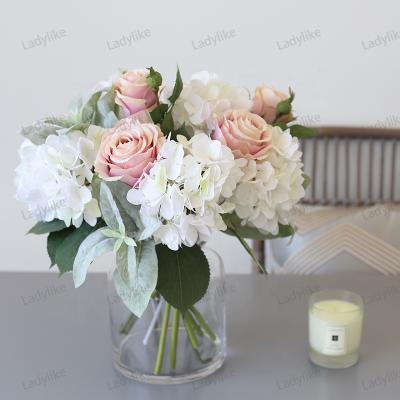 China Real Touch 3D Artificial Printed Hydrangea Flower Bouquet European Silk Wedding White Single Short Stem Retro Artificial 3D Printed Silk Hydrangea Flower Wedding for sale