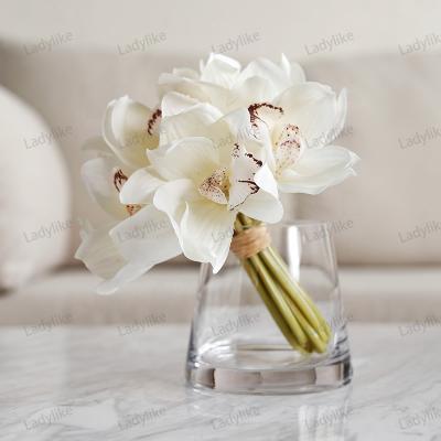 China Flower Arrangements in Vases Plant Decoration Real Touch White Silk Flower Bouquet Artificial Faux Latex 3D Printed Cymbidium Orchids Arrangements in Vase for sale