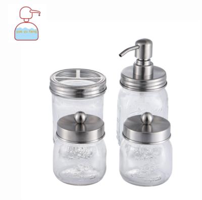 China Viable Popular Holder Mason Jar Bathroom Soap Dispenser Toothbrush Holder Cotton Swab Set for sale