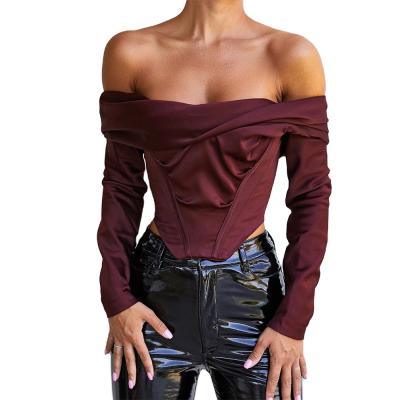 China 2021 anti-pilling fashion elegant off the shoulder corset tops women's long sleeve vintage corset slim fit boning top for sale