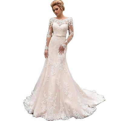 China Hot Sale Anti-Static Bridal Wedding Dresses Simple Long Sleeve Lace Up A Line Backless Luxurious Wedding Dress Dress For Women for sale