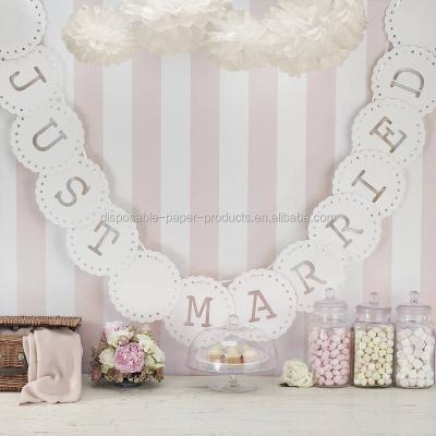 China Europe Lace Style Just Married Bunting In Ivory Party Supplies Letter Flag Banner Happy Birthday Party Decoration Banner for sale