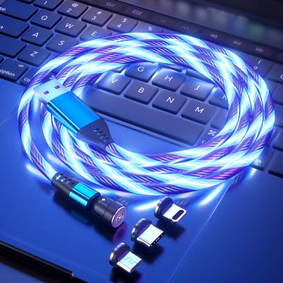 China Fast Charger 1m 3ft Mobile Phone Cable 3 in 1 Flash LED USB Magnetic Charging Flowing Light Data Cable for sale