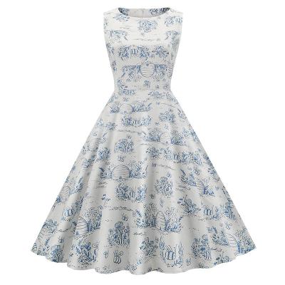 China Breathable All Over Flower Print Retro Sleeveless Swing Skirt 50s 60s 70s Lady Vintage Dress for sale