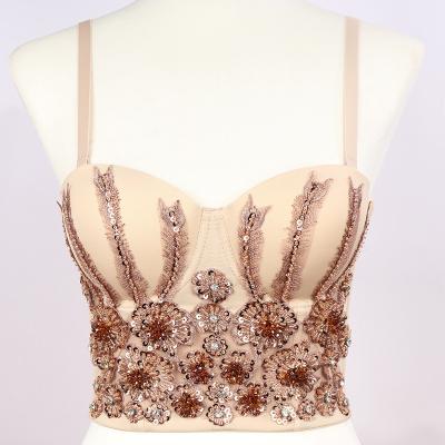 China Anti-pilling Acrylic Women Sexy Slim Beads Crop Top Nightclub Party Corset Crop Top Worked In Bra For Wearing Off Shoulder Camis Clothes for sale