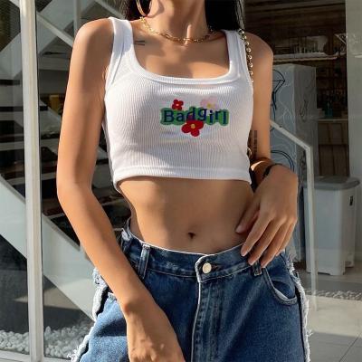 China 2022 summer trends candy summer embroidery printing sexy white ribbed racerback tank top fitness crop tops anti-pilling for sale