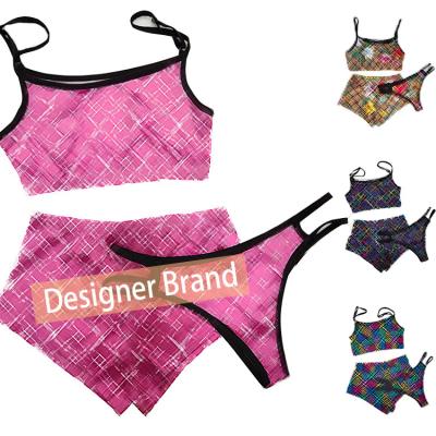 China Breathable Designer Summer Women Night Wear 3 Piece Briefs Set Famous Brand Sexy Lingerie Sleepwear Printing Pajamas Set for sale