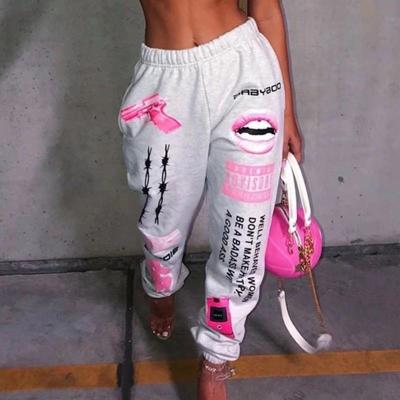 China 2021 New Arrivals Wholesale Anti-wrinkle Fashion Women Chic Graphic Joggers Design High Waist Drawstring Long Pants With Graffiti Streetwear for sale