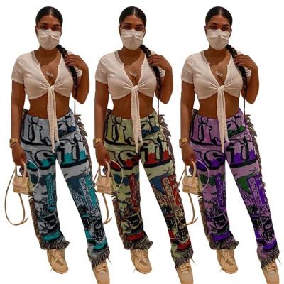 China New Arrival Women Anti-wrinkle High Elastic Waist Print Graphics Sides Fringe Sweatpants Straight Cut Streetwear Casual Pants And Trousers for sale