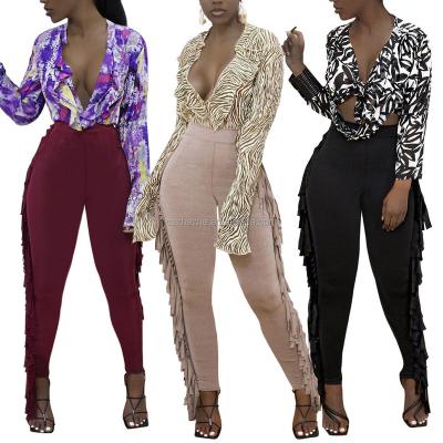 China 2021 Fashionable New Arrival Solid Color Anti-wrinkle High Waist Yoga Pants Gaiters Fringe Tassel Women's Trousers Casual Trousers For Women for sale