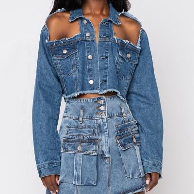 China 2021 New Arrival Fashion Ladies Sexy Denim Jacket Women Breathable Jeans Coat Casual Holes Hollow Out Women's Crop Jean Jackets for sale