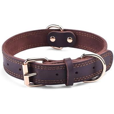 China Stocked Quality Genuine Leather Dog Collar Durable Vintage Heavy-duty Rustproof Double D-Ring Pet Collar For Medium Large Dogs for sale