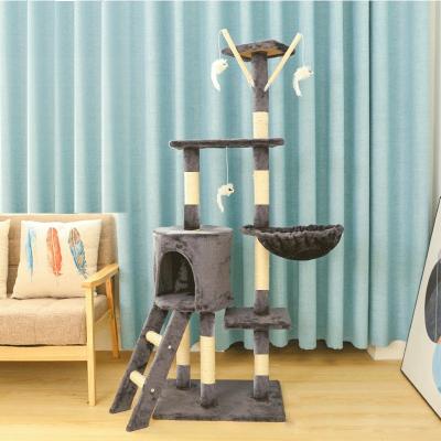 China Stocked Modern Wooden Indoor Pet Entertainment Cat Scratching Tree Interactive Cat Bed Perches Hammock Cat Climbing Shelf for sale