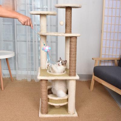 China Stocked Hot Sale Wooden Cat Tree Condos Houses Shelves Ladders Sisal Scratching Post Cat Steps Cat Tree for sale