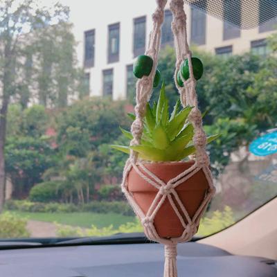 China Minimalist Mini Macrame Plant Hanger Rear View Mirror Car Cactus Decorations Boho Plant Hanging Rack for sale