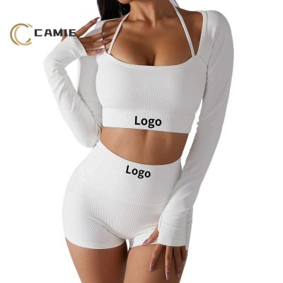 China QUICK DRY CAMIE 2022 New Custom New Up Sexy Long Sleeve Ribbed Gym Running Crop Tops Women Fitness Yoga Long Sleeve Crop Top Shorts Set for sale