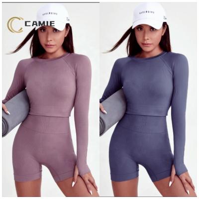 China CAMIE SPORT Breathable Women Sports Yoga Jogging Top Shorts Long Sleeves Womens Sports Wear Fitness Suits Sportswear Yoga Suit for sale