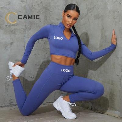 China QUICK DRY CAMIE 2021 Falls Fashion Girdles Long Zipper Crop Top Gym Leggings Fitness Yoga Set Two Piece Women Tracksuit for sale