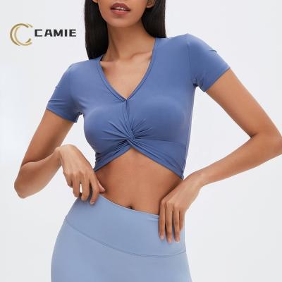 China CAMIE Antibacterial V-Neck Cropped Short Top Quick-drying Tights Yoga T-shirt Women's Running Summer New for sale