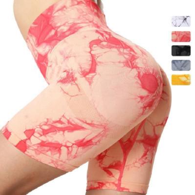 China CAMIE Antibacterial Factory Wholesale Stretch Yoga Shorts New High Waist Gym Hip Women Sports Shorts Booty Seamless Women's Dye Tie Shorts for sale