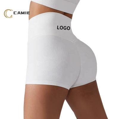 China CAMIE Antibacterial Custom Ribbed Yoga Shorts Women Summer Sportswear White Black Pants Workout Gym Wear Wholesale for sale