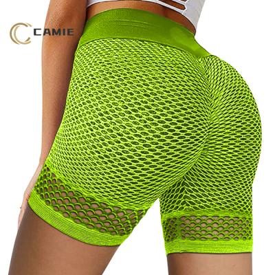 China Wholesale CAMIE 2022 OEM Logo Stretchy Yoga Shorts High Waist Gym Hip Women Sports Antibacterial Shorts Girls Mesh Lace Booty Shorts For for sale