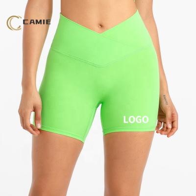 China CAMIE Antibacterial Green V Summer Cut Soft Compression Cycling Breathable High Waist Pants Biker Shorts Quick Dry Top Women for sale