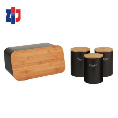 China Sustainable Metal Kitchen Storage Set Metal Bread Box And Canister Set With Bamboo Board for sale