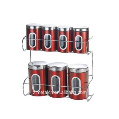 China Sustainable Red Stainless Steel Tea Coffee Sugar Canister Pot With 2 Tier Grid Rack for sale