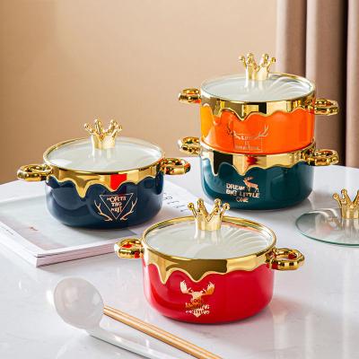 China Viable Crown Instant Noodle Bowl Binaural Color Glazed Ceramic Bowls With Lid And Chopsticks Spoon for sale