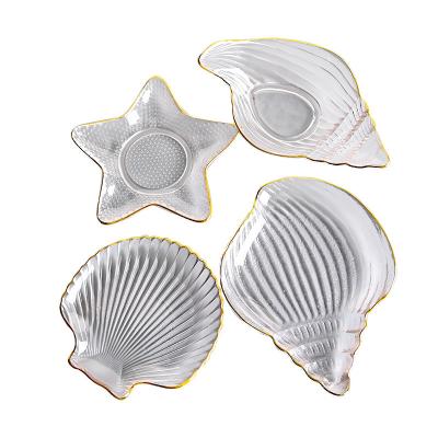 China Shell Dish Crystal Ocean Series Lead Free Viable Conch Shape with Gold Rim Glass Plate Snack Dish for sale