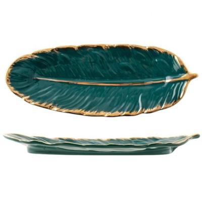 China Sustainable Nordic Four Different Colors Feather Shape Ceramic Dinner Plates For Restaurant With Gold Rim Dinner Plates for sale