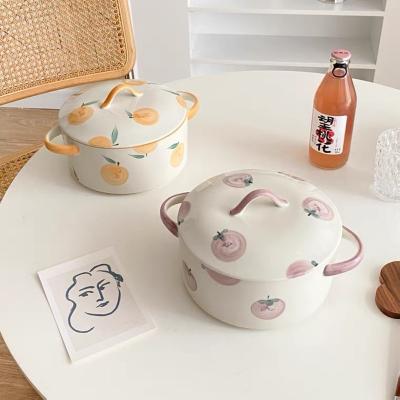 China Viable Ceramic Noodle Bowl With Lid Soup Pot Hand Painted Ear Porcelain Soup Tureen Double With Lid Kitchen Tool for sale