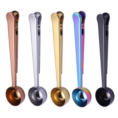 China Viable Stainless Steel Brass Gold Food Grade Black Scoop Scoop With Bag Sealing Clip For Tea Coffee Bean for sale