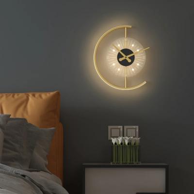 China EUROPEAN wall lamp with clock living room TV background wall decor aisle wall bedroom Nordic silent bedside clock bedside lamp for sale