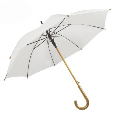 China Auto Open Long Fiberglass Frame Stick Umbrella with Wooden Handle and Custom Design for sale