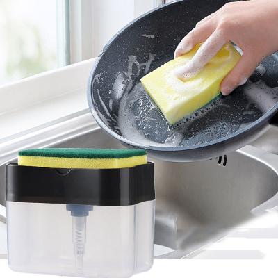 China Multifunctional Kitchen Wash Brush Push Type Stocked Dishwashing Liquid Dispenser And Sponge For Cleaning Dishs for sale