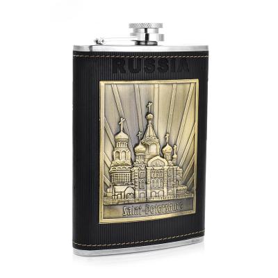 China High Quality Custom Logo Metal Stainless Steel High Quality Custom Logo PU Hip Flask Leather Wrapped Flask With Badge for sale