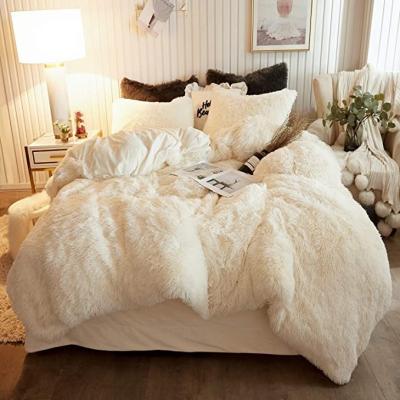 China Long PASSIONATE Ultra Soft Shaggy Duvet Cover Set Luxury Crystal Velvet Bedding Sets Plush Beige Color for sale