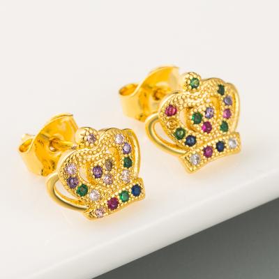 China Fashion trend explosive ladies crown stud earring 18K gold plated copper with colorful zircon crown stud earrings for sale