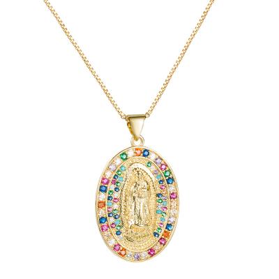 China FASHIONABLE Creative Virgin Mary Oval Necklace Personality Gold Plated Copper With Color Zircon Clavicle Chain for sale