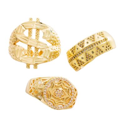 China FASHIONABLE Exaggerated Zircon Index Ring Copper Micro-inlaid Open Ring Personality Golden Round Dollar Sign Ring for sale