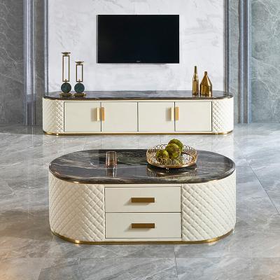 China Wholesale (Height) Luxury Adjustable Porcelain TV Stands Coffee Table Set Slab Top Stainless Steel Frame Living Room Tables for sale