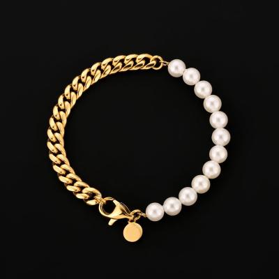 China CLASSIC 6MM Semi Natural Freshwater Semi Cuban Pearl Chain Bracelet Stainless Steel Pulsera Hombre Acero Inoxidable for sale