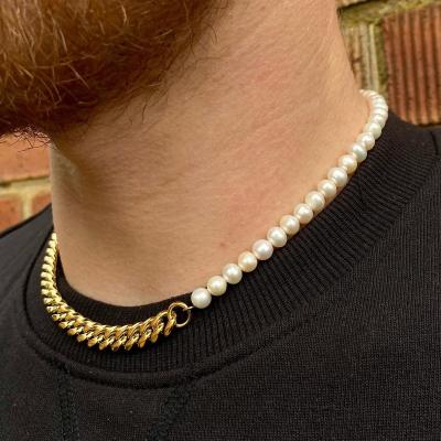 China CLASSIC Cuban 18k Stainless Steel PVD Gold Plated Pearl 6mm Half 8mm Half Choker Necklace With Lobster Clasp for sale