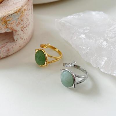 China Shanwu S925 Sterling Silver Green Bezel Filigree Ring Green Jade Adjustable Open for sale