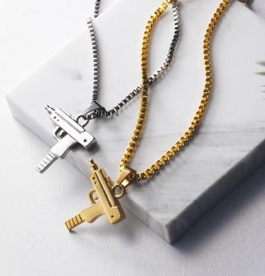 China Vintage 60cm 18K machine gun men's and women's hip-hop rap pendant jewelry 316L UZI Submachine Gun Necklace for sale